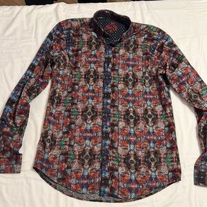 Eight X multicolor, dark Paisley button down shirt.